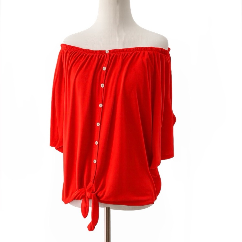NEW DIRECTIONS COLD SHOULDER TIE FRONT CROP TOP ORANGE SIZE MEDIUM